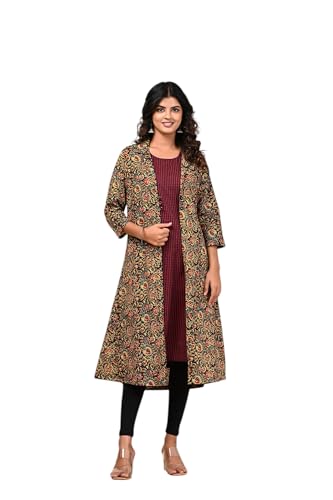 Image of KANNAHI Women Pure Cotton Printed Straight Calf Length Regular Jaipuri Kurta and Shrug Set with Floral Print for Womens & Girls Grey