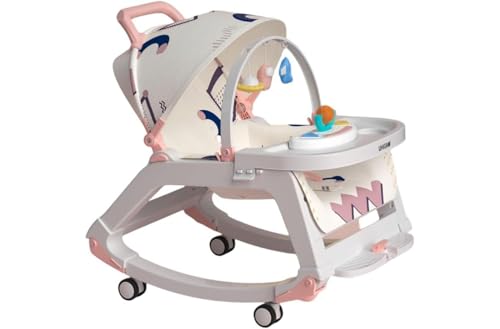 Kwueiit 4-in-1ベビーカー リクライニングー 新生児用ー 食事用トレイ キャスター付き 角度調節可能 洗える 用品 離乳食 ギフト 1歳 2歳 3歳 (ピンク(シート+ロッキングチェア+ダイニングチェア+ベビーカー+ベビーウォーク+オーニング)