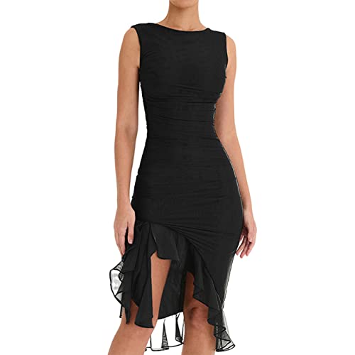 BBIQI Vestido colado ao corpo sem mangas com babados Y2k vestido midi costas nuas, vestido midi de v