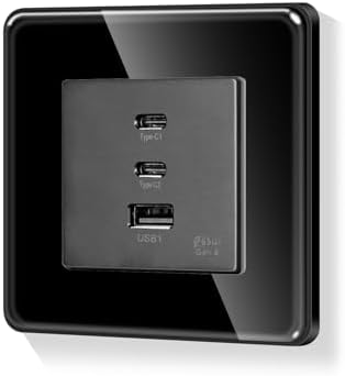 LIAONFOY Runde 65W Super Fast Charging Wandsteckdose Glasrahmen Kompatibel iPhone iPad Android Gerät Max 65W für Typ c 20W für USB Schwarz Gekurbte Kanten rahmen 86mm 100-240V(Neut