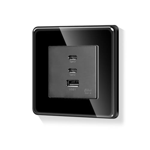 LIAONFOY Super Fast Charging Runde Wandsteckdose 86mm 100-240V Kompatibel mit iPhone iPad Android Gerät Max Ladegeschwindigkeit 65W für Typ c 20W für USB Schwarz(Neutrale erforderlich)
