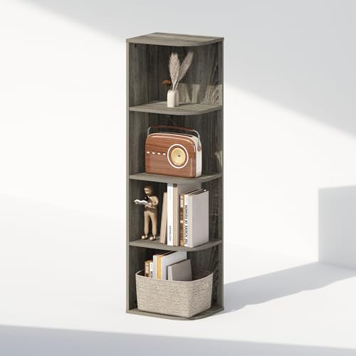 Image of Furinno Reed Corner Shelf, 4-Tier Corner Bookshelf, Book Shelf, Corner Shelves, Storage Rack, for Organization and Storage, Home Office, Living Room, French Oak