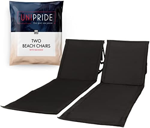 UNIPRIDE Beach Chairs for Adults with Back Support (Set of 2) Folding Lightweight Travel Essentials - Ideal for Tanning and Sunbathing - Very Compact and Portable - Black