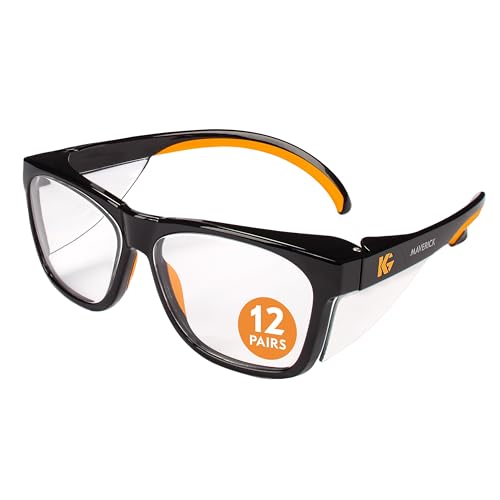 KleenGuard™ Maverick Eye Protection, (49312), Clear Anti-Glare Lenses with Black Frame and Orange Tips, 12 Pairs / Case