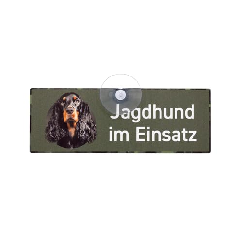 GORDON SETTER - Premium Schild mit Saugnapf "Jagdhund im Einsatz" für die Autoscheibe aus Aluverbund, UV- & Witterungsbständig, formstabil, 18 x 6.5 cm - MADE IN GERMANY