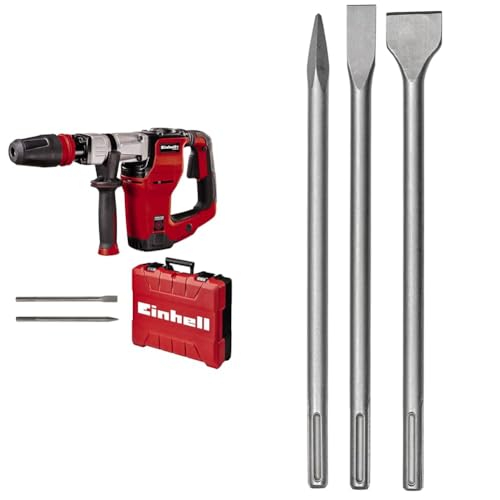Einhell Marteau Démolisseur TE-DH 12 (1050 W, Fréquence de Frappe : 4100 trs/min, Câble : 400 cm, Mandrin SDS Max, Livré en Coffret avec Burin Pointu et Burin Plat) + Jeu de 3 burins