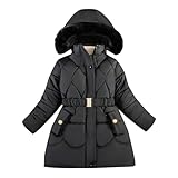 TYUSGH Parka para niñas, abrigo de invierno de longitud media, cálido, acolchado, con cinturón, cremallera, manga larga, cuello de piel sintética, con capucha, ropa de abrigo escolar para 5-12 años