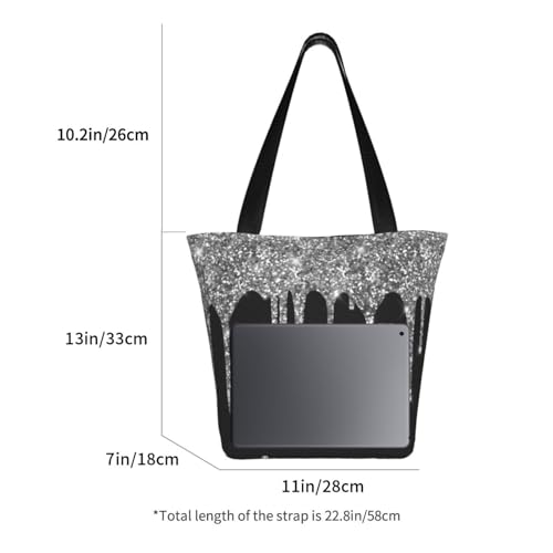 Silver Glitter Drips Sparkle Black Shoulder Bag, High-Density Polyester Tote With Zipper Closure & Inner Pocket, Spacious & Lightweight For Market, Beach & Travel2
