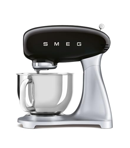 Smeg, Robot Pâtissier SMF02BLEU, 10 Niveaux de Vitesse, Fonction Mise en Marche Progressive, Bol 4,8 L, Verrouillage Moteur de Sécurité, Batteur Plat, Crochet et Couvercle Fournis, 800W, Noir