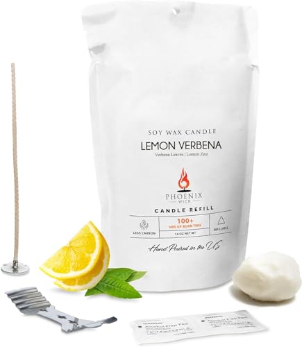 Phoenix Wick Candle Making Kit - New Soy Wax & Wick for Your Luxury 14oz Candle Jar - Adds 100 Hours Burn Time (Lemon Verbena)