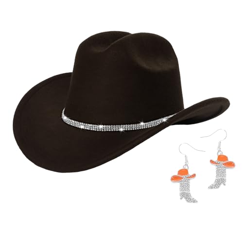 Crittygo Cowboy Hat for Women and Men, Sparkly Rhinestone Cowgirl Hat and Boot Earrings, Wide Brim Cowboy Hat for Western Theme Party Brown