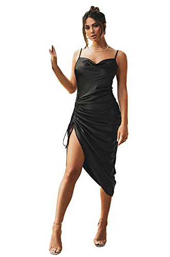 Women's Sexy Satin Spaghetti Straps Ruched Dress Adjustable Cocktail Party Midi Dresses Clubwear Black #TOP3