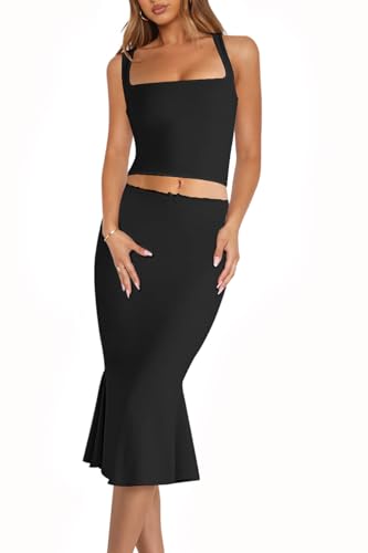 Image of CHYRII Womens Two Piece Sets Sleeveless Squre Neck Cropped Top Bodycon Midi Skirt Midi Dress Outfit