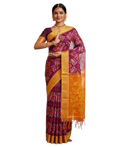 Image of AYYAPPASILK Women's Exclusive Ikkat Silk Saree for Designer Border with Contrast Blouse