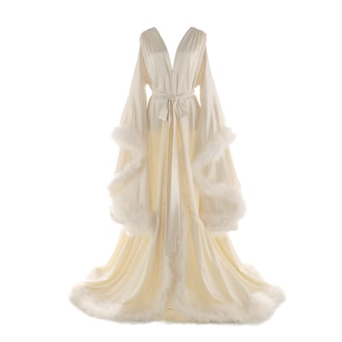 Daily Life Mall Long Lingerie for Women Ivory robe Bridal Robes with Fur Old Hollywood Robe Maternity Photoshoot Nightgown Silk dress robe Boudoir Puffy Feather Bathrobe