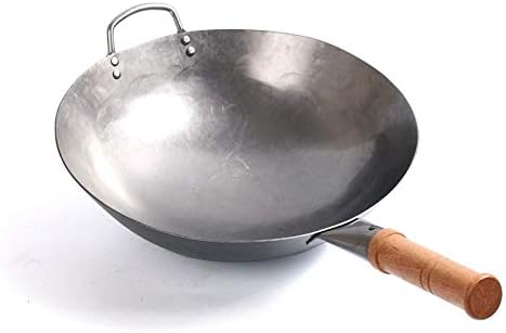 Wok Pan, 1.8 mm Thickness Chinese Traditional Hand Hammered pan Iron Wok Uncoated Carbon Steel Non-stick Pot Round Bottom Cookware with Wooden Handle