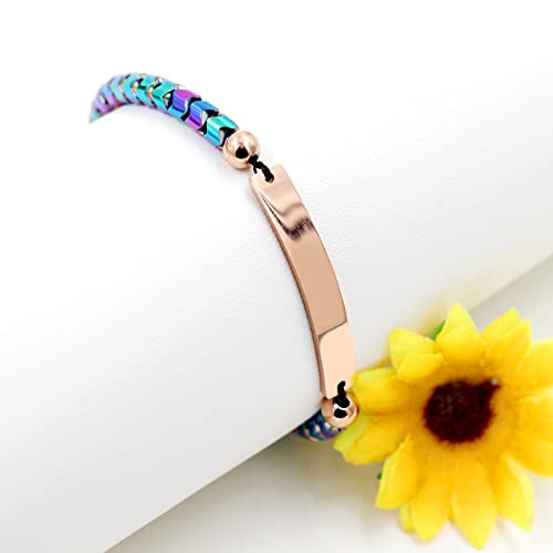 Customize Engrave Name Bracelet - Rainbow Hematite Stone Beads Stainless Steel Chain Bracelet - Personalized Name Id Rose Gold Color Plate Bracelet For Women Men Y1904 #TOP4