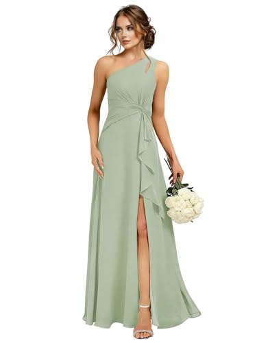 JAKIPPY One Shoulder Bridesmaid Dresses with Slit Flowy Long A-line Chiffon Formal Evening Dress with Pocket Sage Green US12