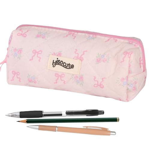 Image of Quilted Coquette Pencil Case - Floral & Bow Design with Soft Padded Fabric, Cute Small Makeup Bag for Women, Stylish Organizer for Pens, Brushes, and Accessories (Pink)