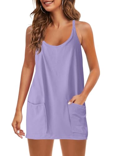 Image of Panadila Womens Summer Sleeveless Mini Dress V Neck Spaghetti Strap Sundress Athletic Short Dress with Pockets
