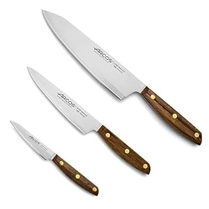 ARCOS Professional Kitchen Knife Set 3 pieces Nitrum Stainless Ste. Ovengkol Wood Handle 100% natural FSC. Series Nordika. High precision cut. Color Brown.
