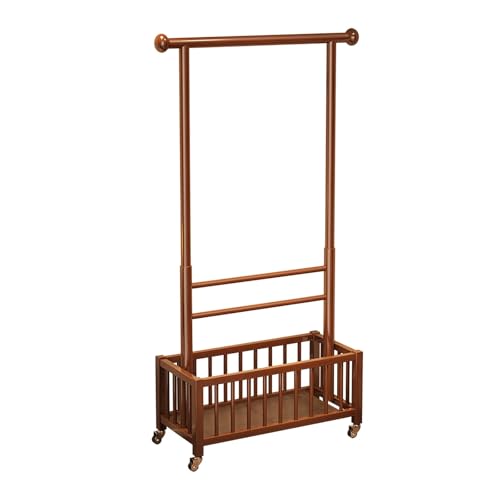 Portant à vêtements en bois massif avec étagères de rangement et roulettes