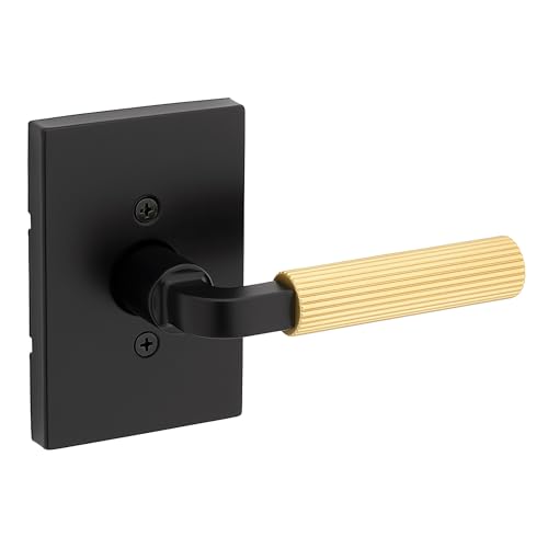 Kwikset Mirada Reeded Dummy Door Handle, Single Sided Lever for Closets, French Double Doors, and Pantry, Matte Black Satin Brass, Non-Turning Reversible Push/Pull Lever, with Microban Protection