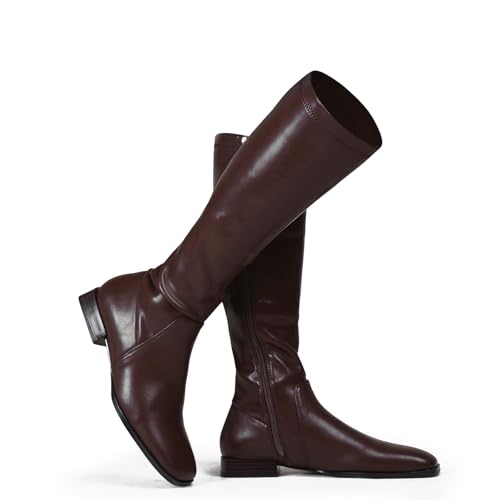 Image of GENSHUO Knee High Boots for Women Comfy Flat Heel Vintage Square Toe Fall Winter Solid Side Zipper Costume Knight Booties