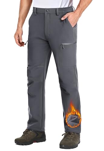 Magcomsen Hiking Pants For Men Cold Weather Fleece Lined Waterproof Pants Mens Dress Pants With Elastic Waist Dark Grey 32 cover