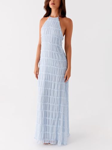 Image of Women Summer Halter Neck Maxi Dress Flowy Ruffle Tiered Sleeveless Sundress Boho Backless Spaghetti Strap Long Dress