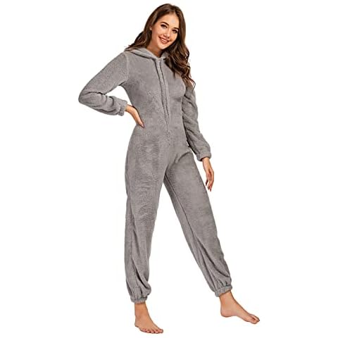 BRONG Women's Nightwear Onesie Ladies All in One Piece Fleece Pyjamas Women Hooded Jumpsuit Winter Warm Sleepwear Grey M Cover