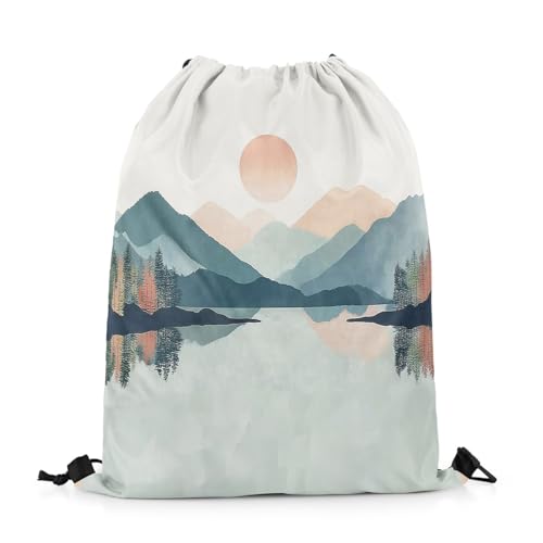 jejeloiu Sun Lake Drawstring Backpack 13"x15.7" Mountain Sports Gym String Bag Blue Pink Drawstring Bags Nature Landscape Waterproof Cinch Bag Sports Drawstring Sackpack2