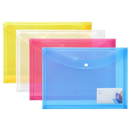 Image of Shuban Document File Folders with Snap Button Closure, Waterproof Plastic Envelope Pouches for Letter /A4 Size Paper, Assorted Transparent Colors (Style-3-Plain Transparent Folder-4Pcs-Mix Color)