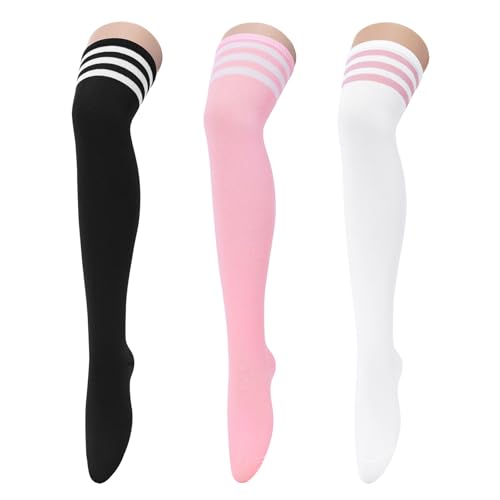Image of Century Star 3 Pairs Thigh High Socks for Women Over the Knee High Socks Triple Stripe Long Stockings Thigh Highs Leg Warmer