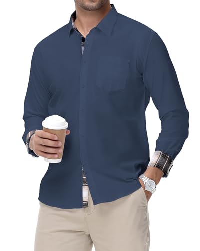 HMIYA Chemise pour homme en coton à manches longues extensible avec col à carreaux, coupe droite, chemise d'affaires, chemise de loisirs facile à repasser, bleu marine, XXL