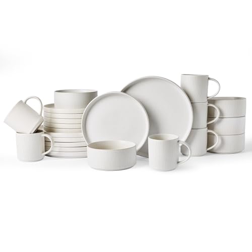 Image of Famiware Star Dinnerware Set with Mugs, Service for 6 (24 Pieces), Ribbed Stoneware Plates and Bowls Dishes Sets - Chip & Scratch Resistant, Microwave & Dishwasher Safe, Matte White