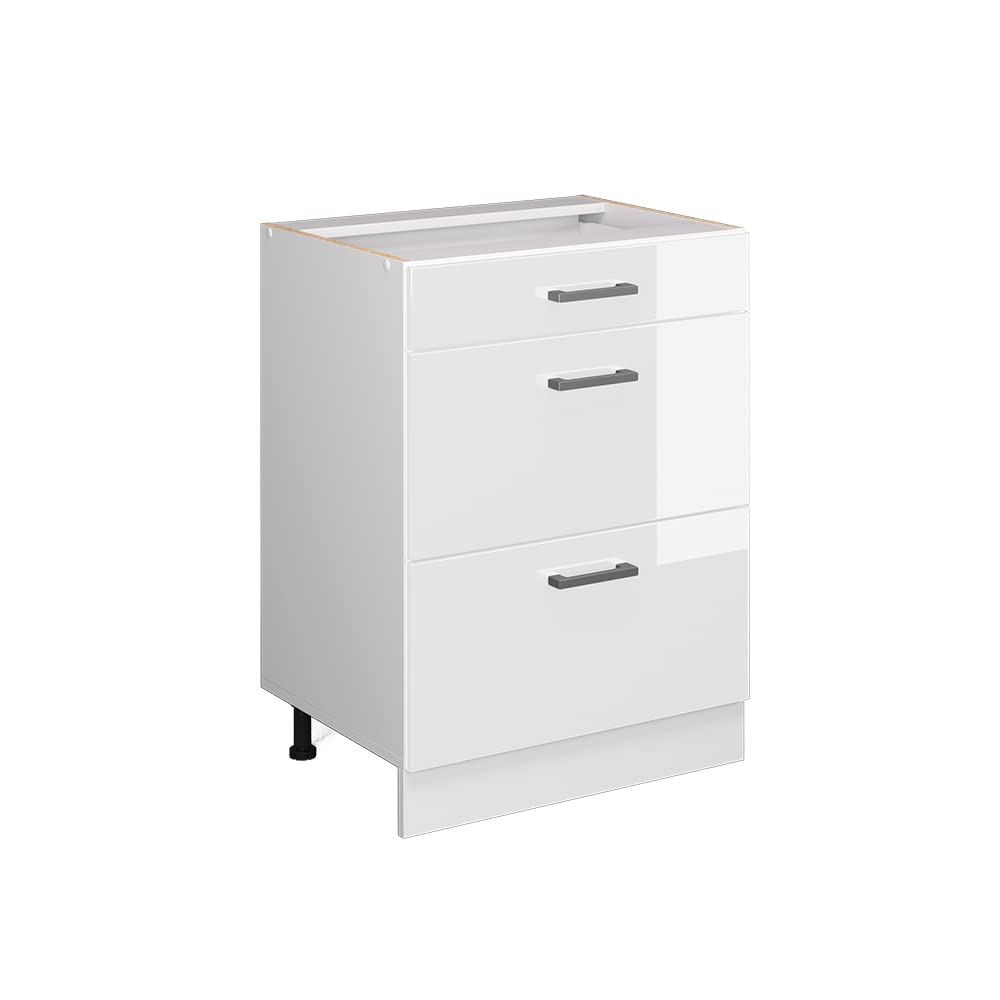 Vicco Mobiletto base per cucina R-Line, Bianco lucido, 60 cm con cassetti, senza piano di lavoro, per la libera combinazione all'interno di sistemi cucina modulari