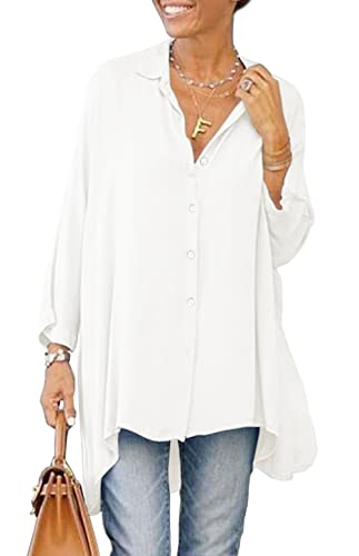 Aoysky Womens Oversized T Shirts Button Down Long Sleeve Shirt V Neck Collar Loose Flowy Blouse