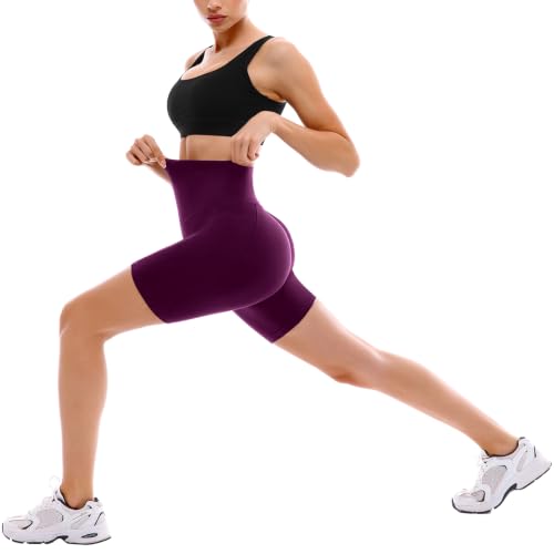 SINOPHANT High Waisted Women Biker Shorts - 6” Buttery Soft Elastic Tummy Control Shorts for Gym, Yoga, Workout(Pockets, L-XL, Plum Purple) — view 4