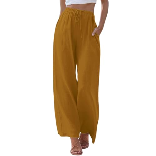 Meaunzyl Pantalones de lino para mujer de verano, pantalones anchos de cintura alta con cordón y bolsillos, pantalones largos ligeros informales elegantes de color liso suave Curvy Palazzo Pants