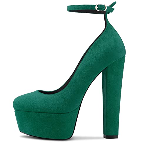 HDEUOLM Women Chunky Block High Platform Heel Round Toe Pumps Ankle Strap Wedding Dress Shoes2