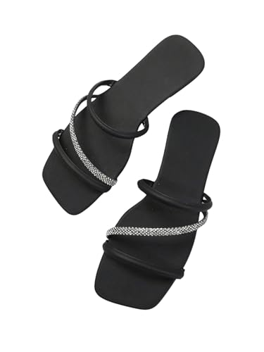 OYOANGLE Women's Rhinestone Sparkly Strappy Slide Sandals Square Open Toe Dressy Slip on Flat Sandal