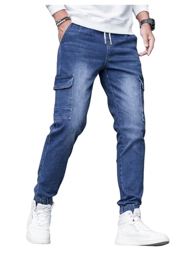 OYOANGLE Men's Flap Pocket Jogger Cargo Jeans Drawstring Waist Skinny Denim Pants Trousers