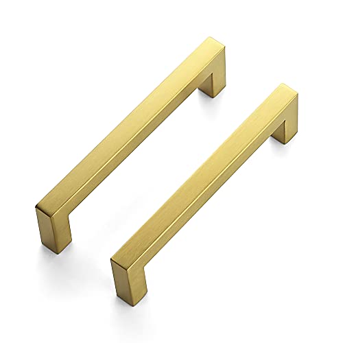 Image of Ravinte 10 Pack 5 Inch Kitchen Square Cabinet Handles Brushed Brass Drawer Pulls for Cupboard Hardware