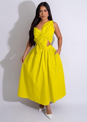 Image of YUEWOO Midi Dresses for Women Casual Summer Sundresses Vacation Outfits Spaghetti Strap Smocked Women Maxi Dress with Pockets