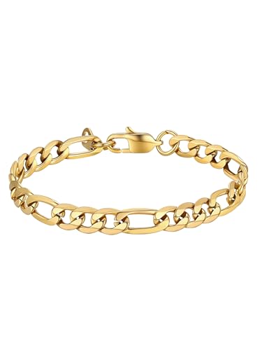 PROSTEEL Chaîne Bracelet Homme Figaro Doré 21cm Gourmette Garçon Plaqué Or 6mm de Large Hip Hop Style