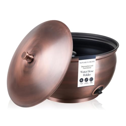 Monarch Abode Garden Hose Holder with Lid Decorative Water Hose Holders for Outside Smooth Metal Antique Copper Pot with Drainage 100ft Waterhose Holder for Outside Garden Storage Caddy