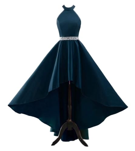 High Low Asymmetric Plus Size Prom Dresses Satin Halter Evening Dress For Women Beaded Sleeveless Vintage Beach Wedding Party Gowns Teal-22 #TOP22