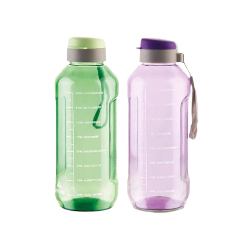 Image of ATTRO Ultra Pro Motivational 2L BPA-Free Water Bottle Set of 2, Leak-Proof Flip-Top Cap, Nylon Strap, Durable Daily Hydration Bottle for Gym, Office & Travel-Multicolour Colors