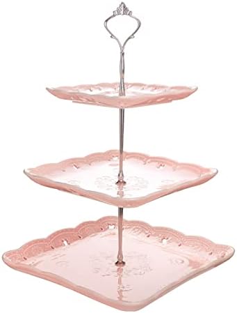 MALACASA, Series Sweet.Time, 3 Tier (6.25" & 8.25" & 10") White Ceramic Dessert Cake Tower Stand, 14.5" Tall Porcelain Party Food Server Display Holder with Silver Carry Handle